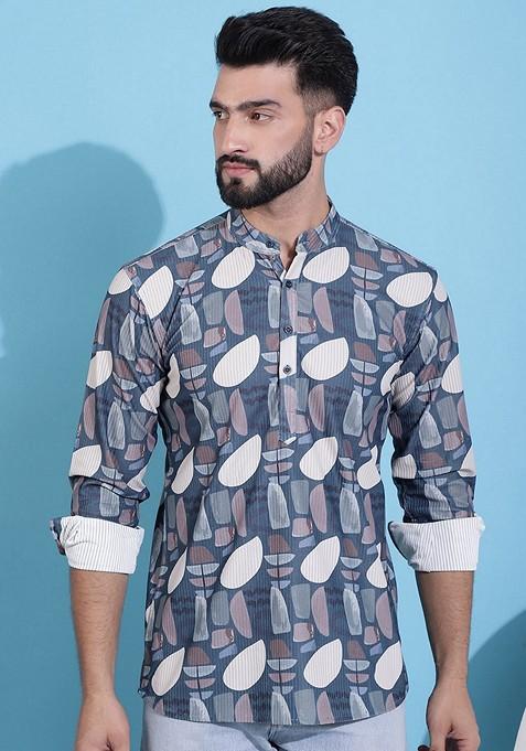 Grey Printed Cotton Blend Kurta For Men
