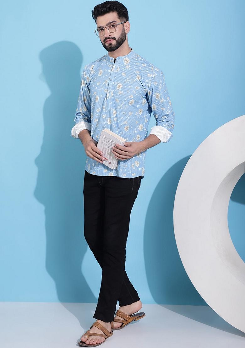 Blue Printed Cotton Blend Kurta For Men - Indya