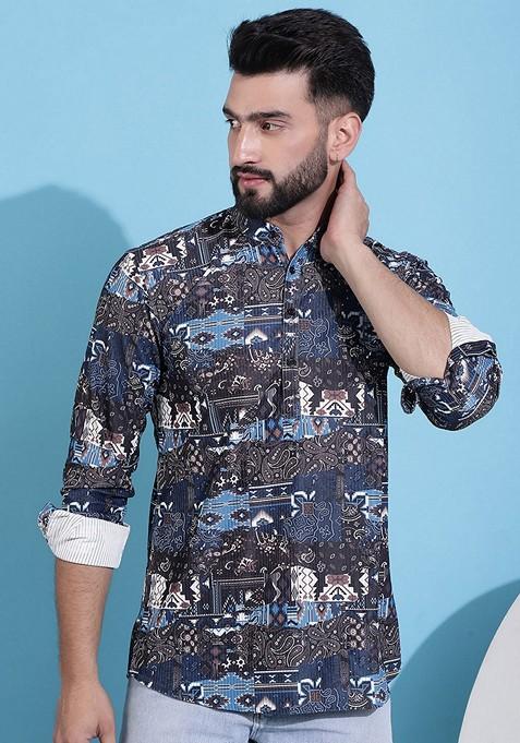 Black Printed Cotton Blend Kurta For Men