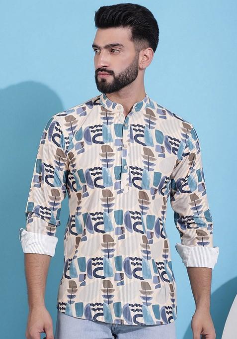 Beige Printed Cotton Blend Kurta For Men