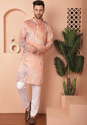 Peach Printed Cotton Blend Kurta For Men