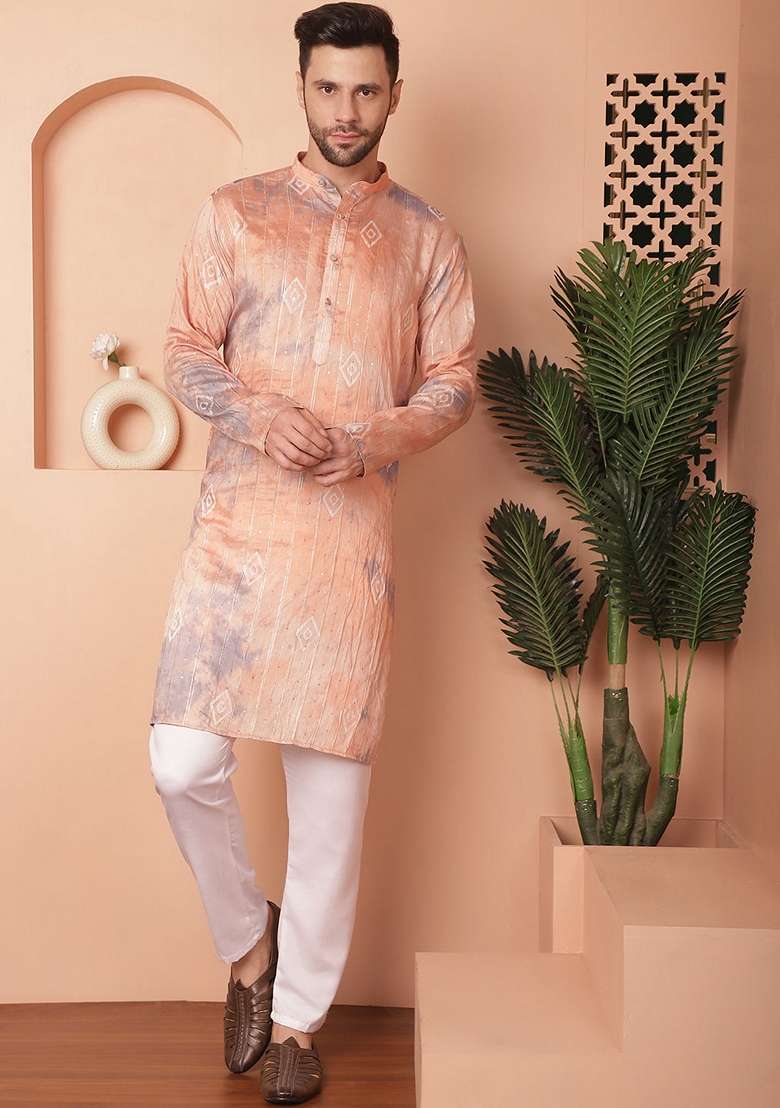 Peach Printed Cotton Blend Kurta For Men - Indya
