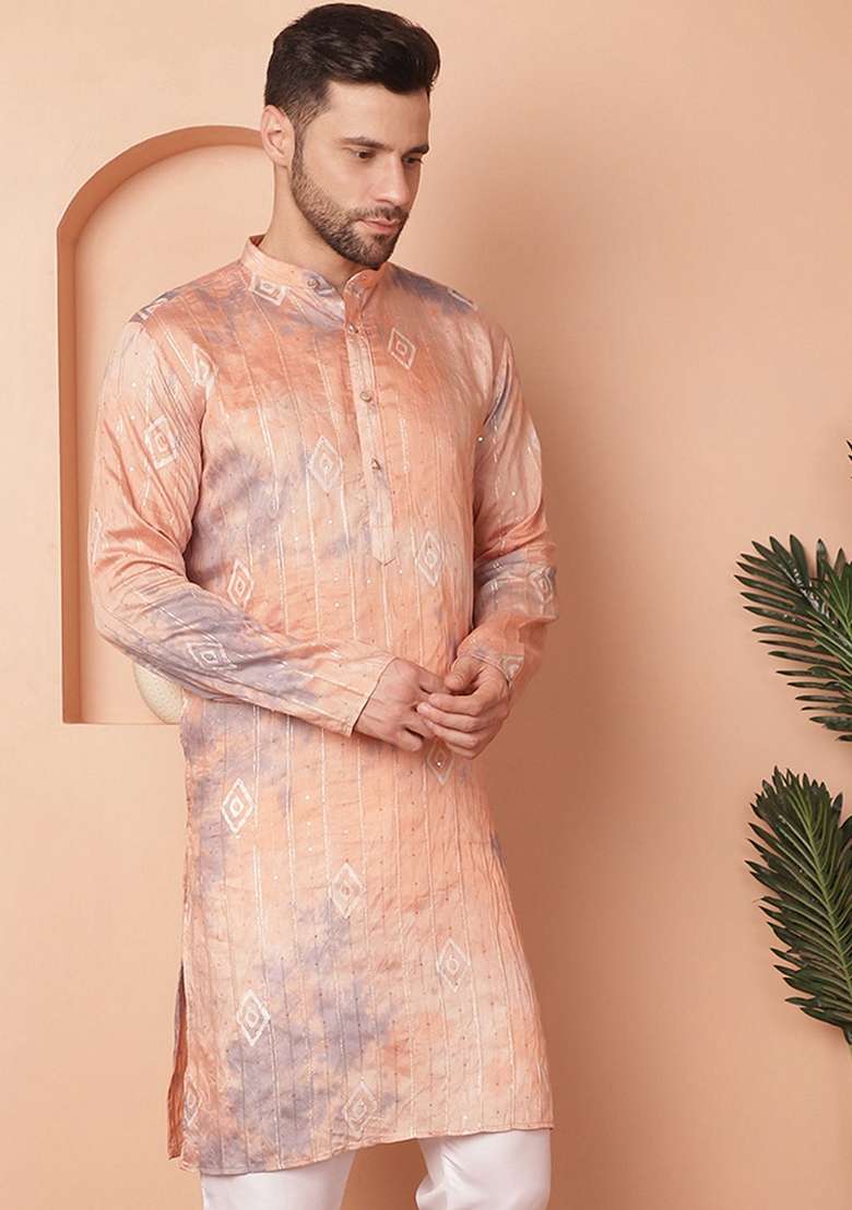 Peach Printed Cotton Blend Kurta For Men - Indya