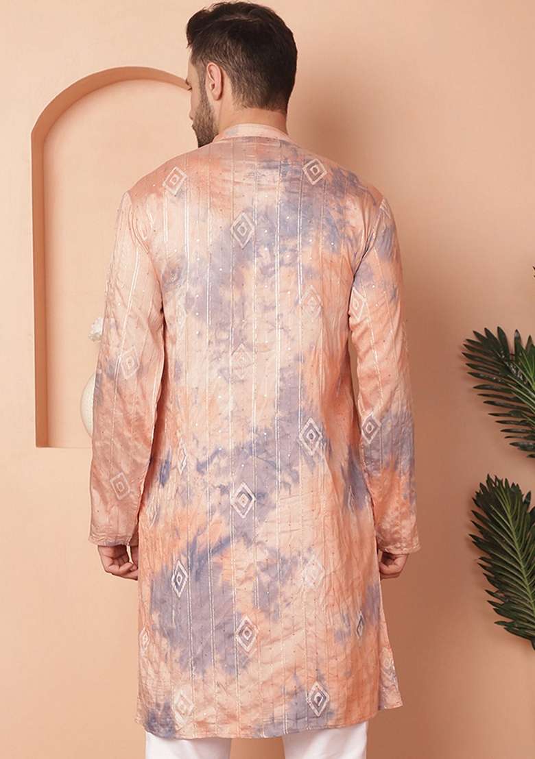 Peach Printed Cotton Blend Kurta For Men - Indya
