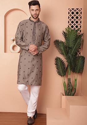 Grey Embroidered Cotton Blend Kurta For Men