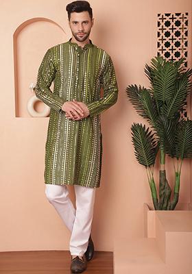 Olive Embroidered Silk Blend Kurta For Men