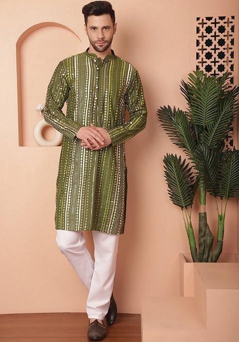 Olive Embroidered Silk Blend Kurta For Men