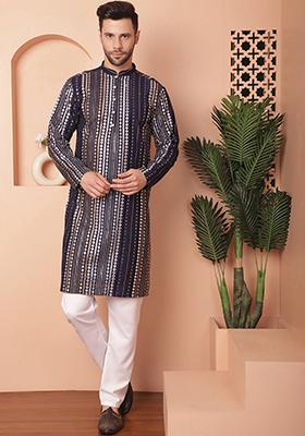 Navy Blue Embroidered Silk Blend Kurta For Men