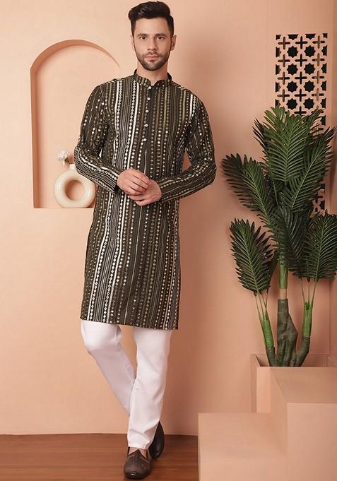 Mehndi Green Embroidered Silk Blend Kurta For Men