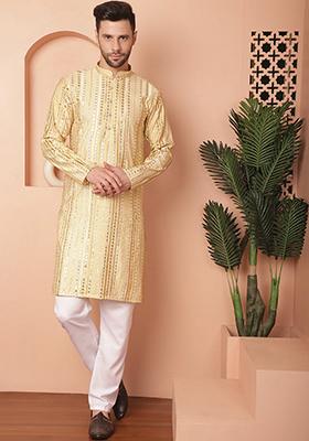 Golden Embroidered Silk Blend Kurta For Men