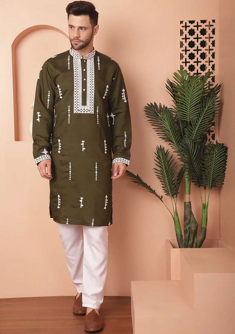 Olive Embroidered Cotton Blend Kurta For Men - Indya