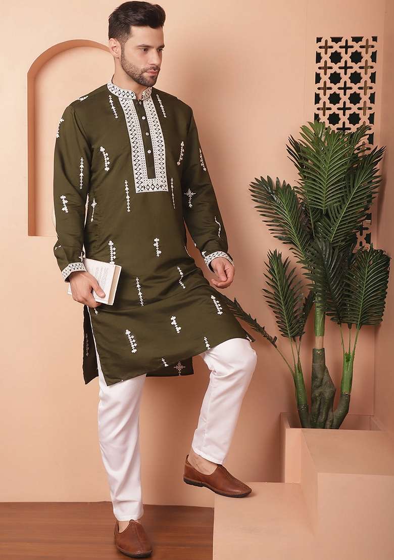 Olive Embroidered Cotton Blend Kurta For Men - Indya