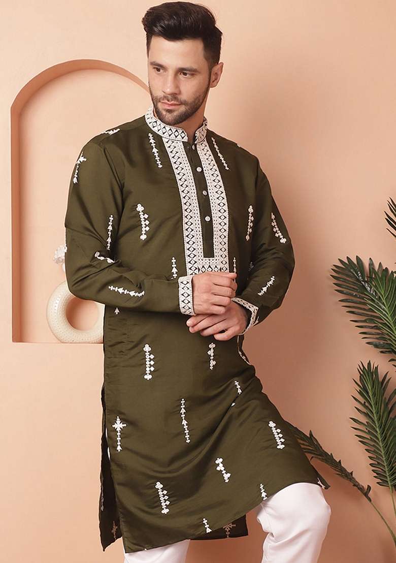 Olive Embroidered Cotton Blend Kurta For Men - Indya