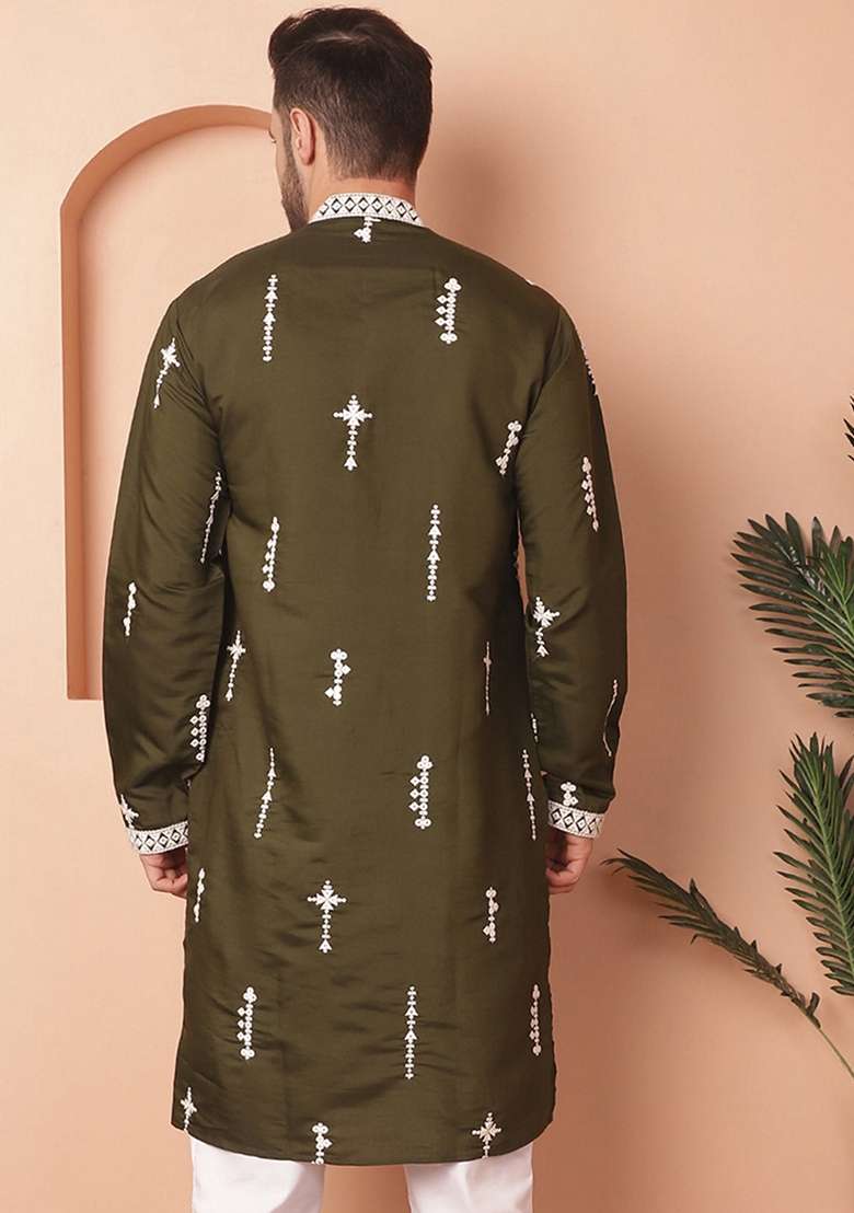 Olive Embroidered Cotton Blend Kurta For Men - Indya