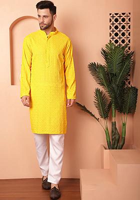 Yellow Embroidered Viscose Rayon Kurta For Men