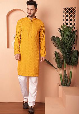 Mustard Embroidered Viscose Rayon Kurta For Men