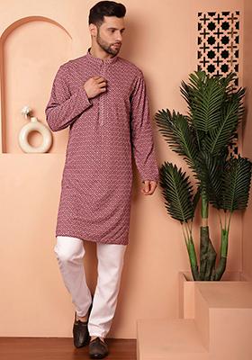 Magenta Embroidered Viscose Rayon Kurta For Men