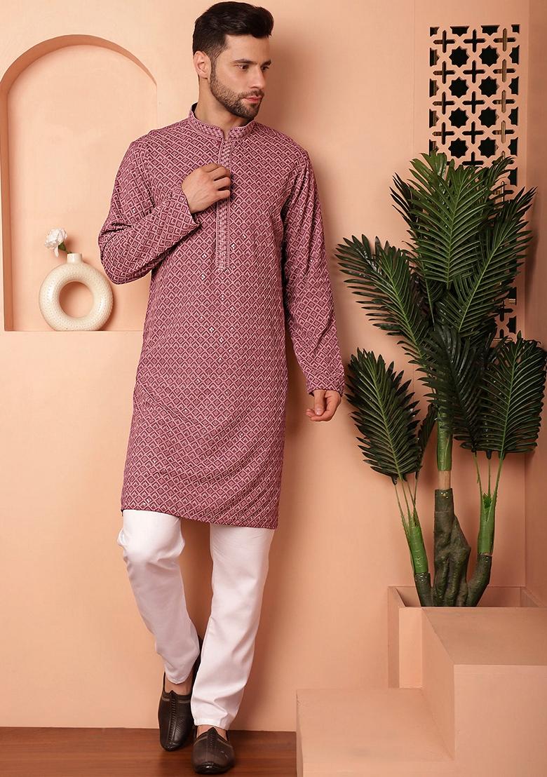 Magenta Embroidered Viscose Rayon Kurta For Men