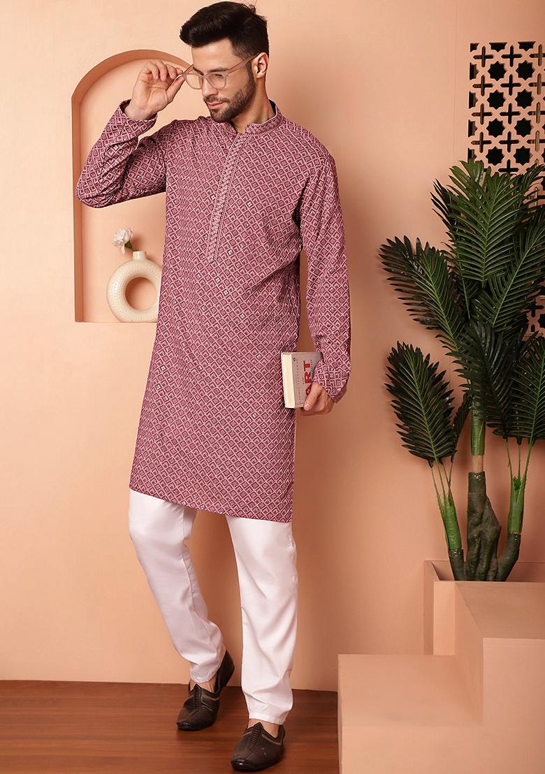 Magenta Embroidered Viscose Rayon Kurta For Men