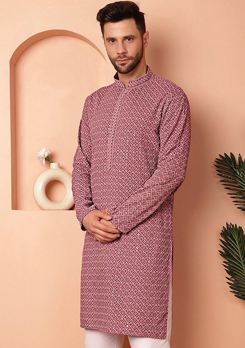 Magenta Embroidered Viscose Rayon Kurta For Men
