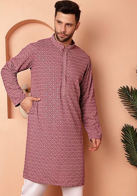Magenta Embroidered Viscose Rayon Kurta For Men