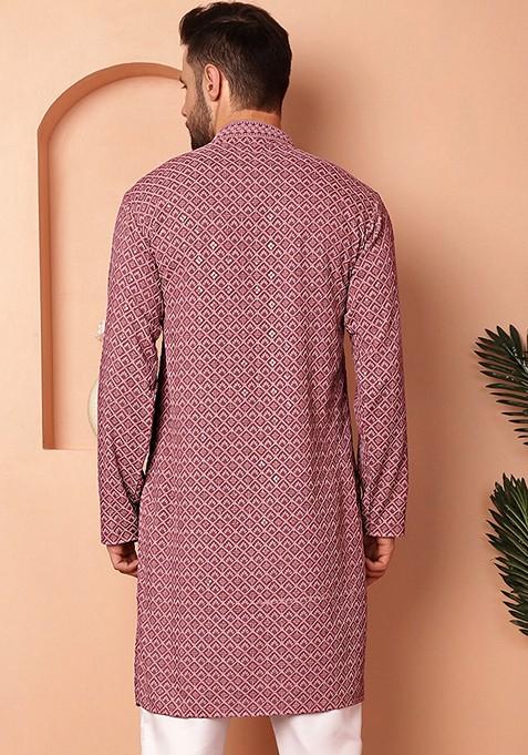 Magenta Embroidered Viscose Rayon Kurta For Men