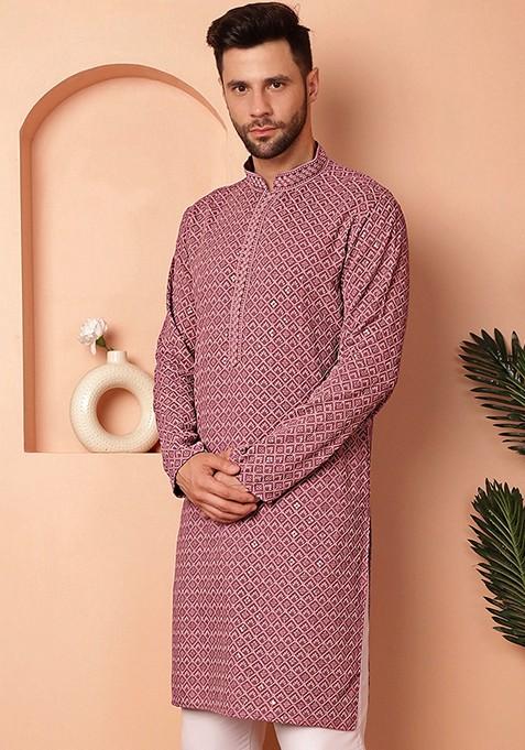 Magenta Embroidered Viscose Rayon Kurta For Men
