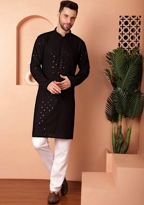 Black Embroidered Viscose Rayon Kurta For Men