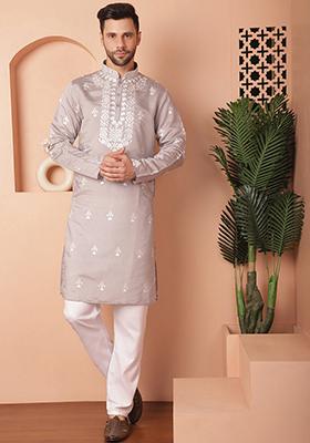 Grey Embroidered Cotton Blend Kurta For Men