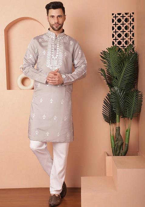 Grey Embroidered Cotton Blend Kurta For Men