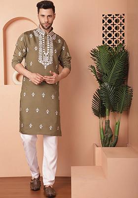 Olive Embroidered Cotton Blend Kurta For Men