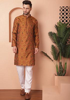 Mustard Woven Design Silk Blend Kurta For Men