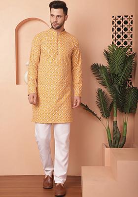 Mustard Embroidered Cotton Kurta For Men