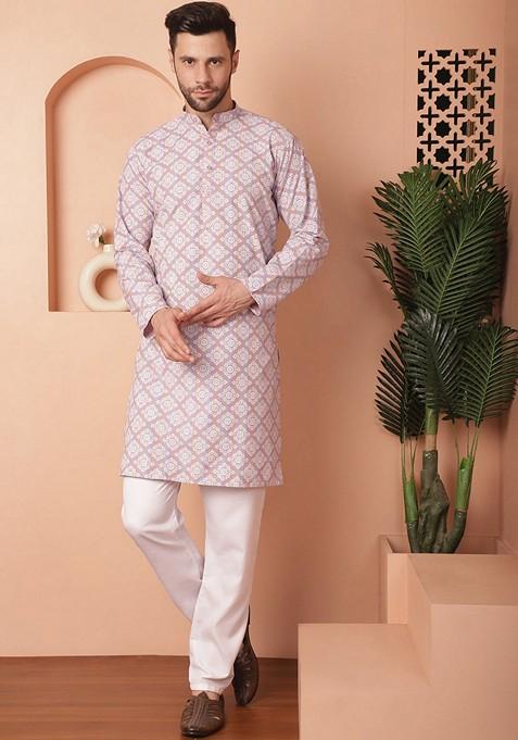 Purple Printed Cotton Blend Kurta For Men