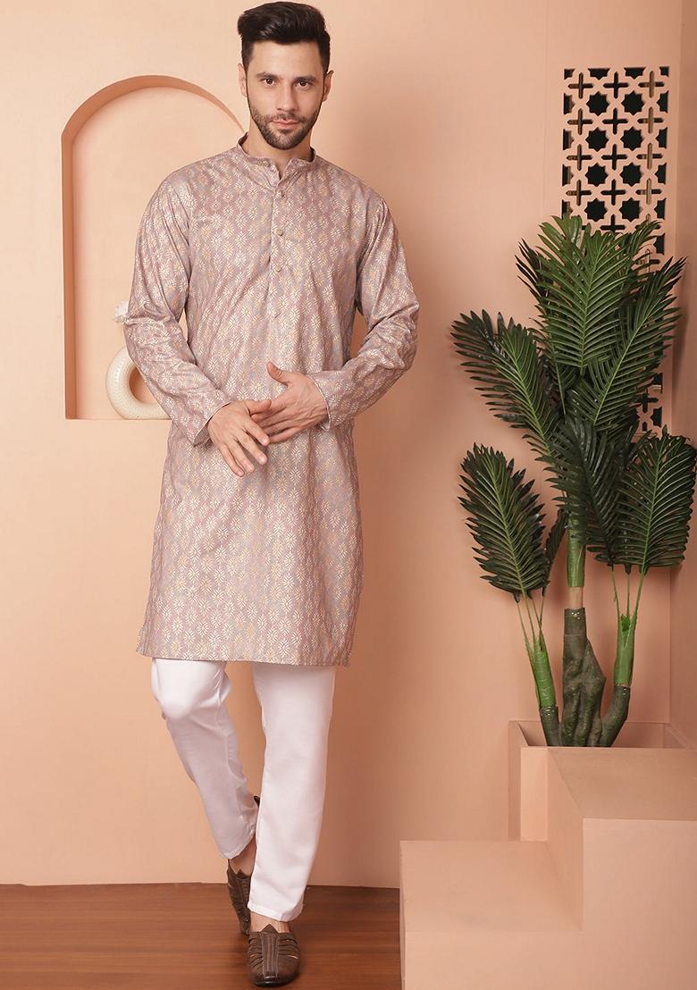 Peach Printed Cotton Blend Kurta For Men