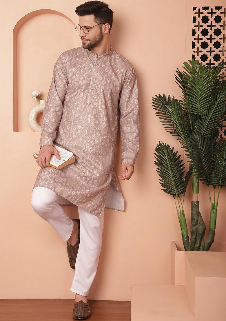 Peach Printed Cotton Blend Kurta For Men