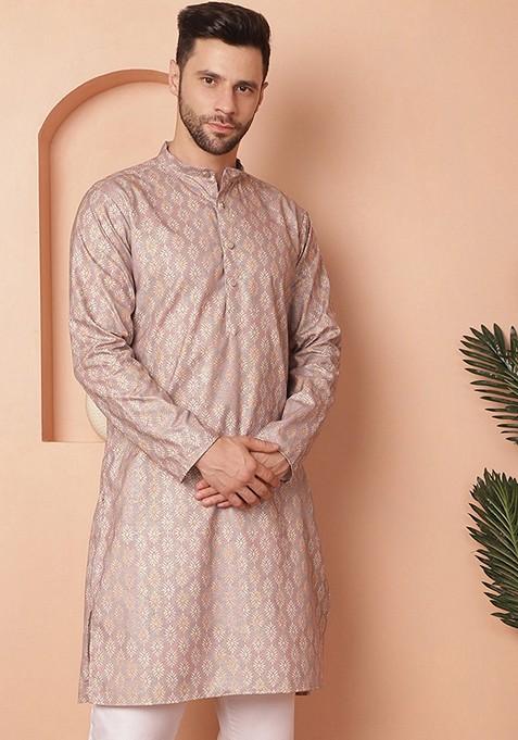 Peach Printed Cotton Blend Kurta For Men