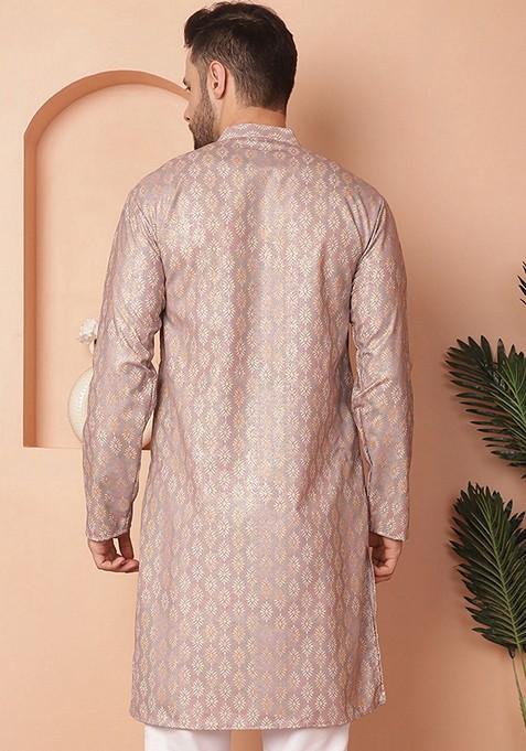Peach Printed Cotton Blend Kurta For Men