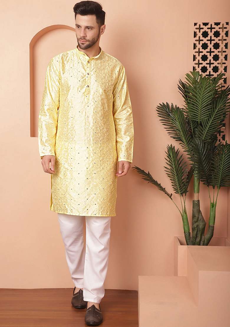 Yellow Embroidered Silk Blend Kurta For Men - Indya