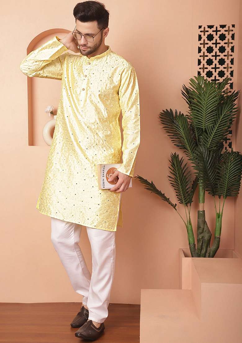 Yellow Embroidered Silk Blend Kurta For Men - Indya