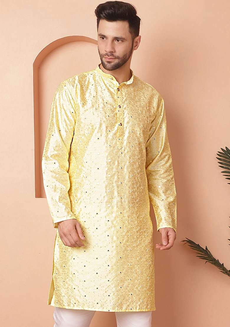 Yellow Embroidered Silk Blend Kurta For Men - Indya