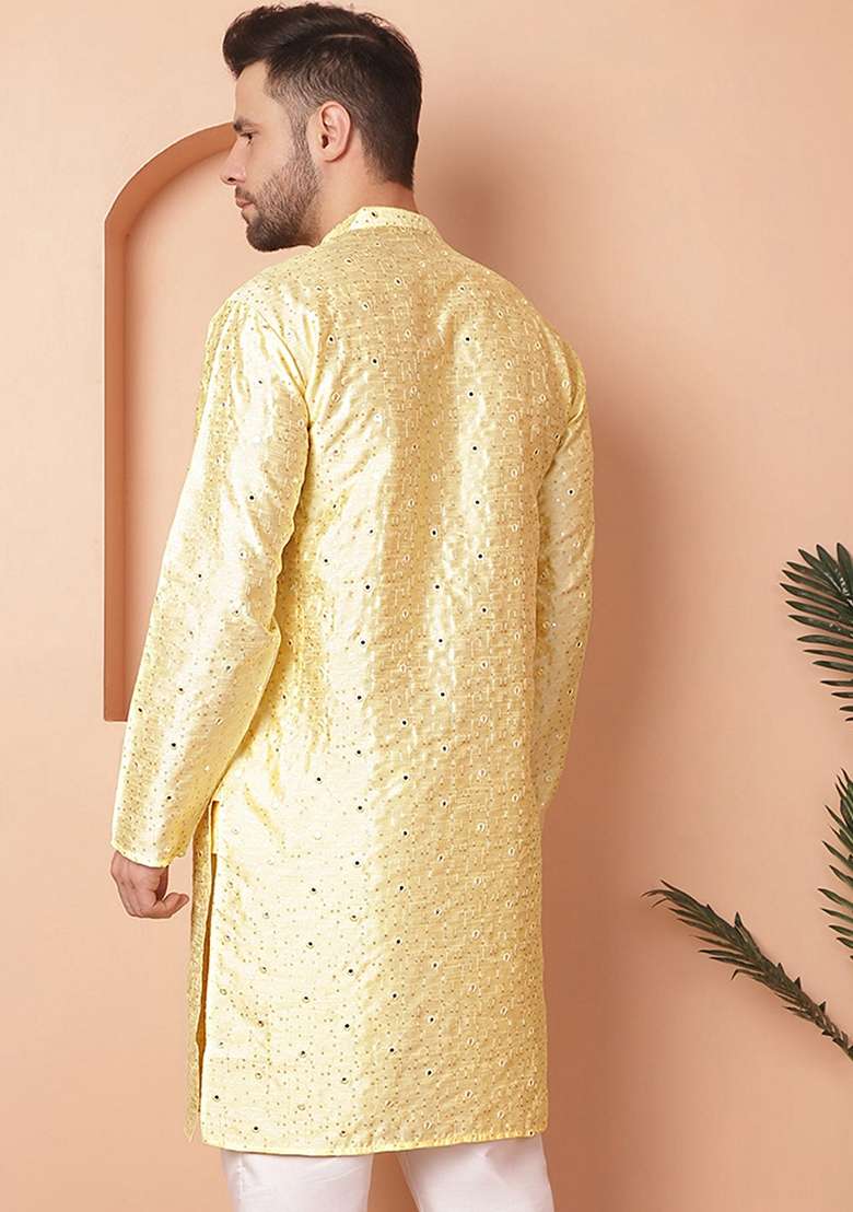 Yellow Embroidered Silk Blend Kurta For Men - Indya