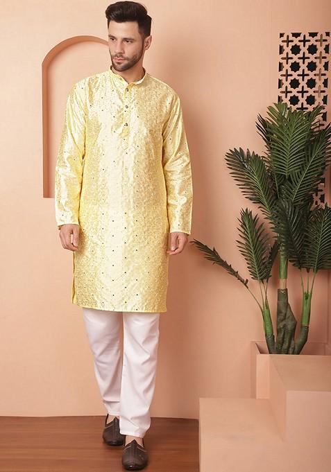 Yellow Embroidered Silk Blend Kurta For Men