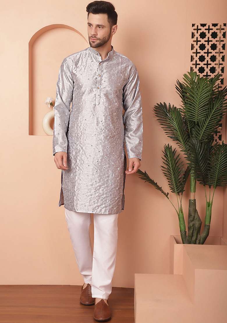 Grey Embroidered Silk Blend Kurta For Men - Indya