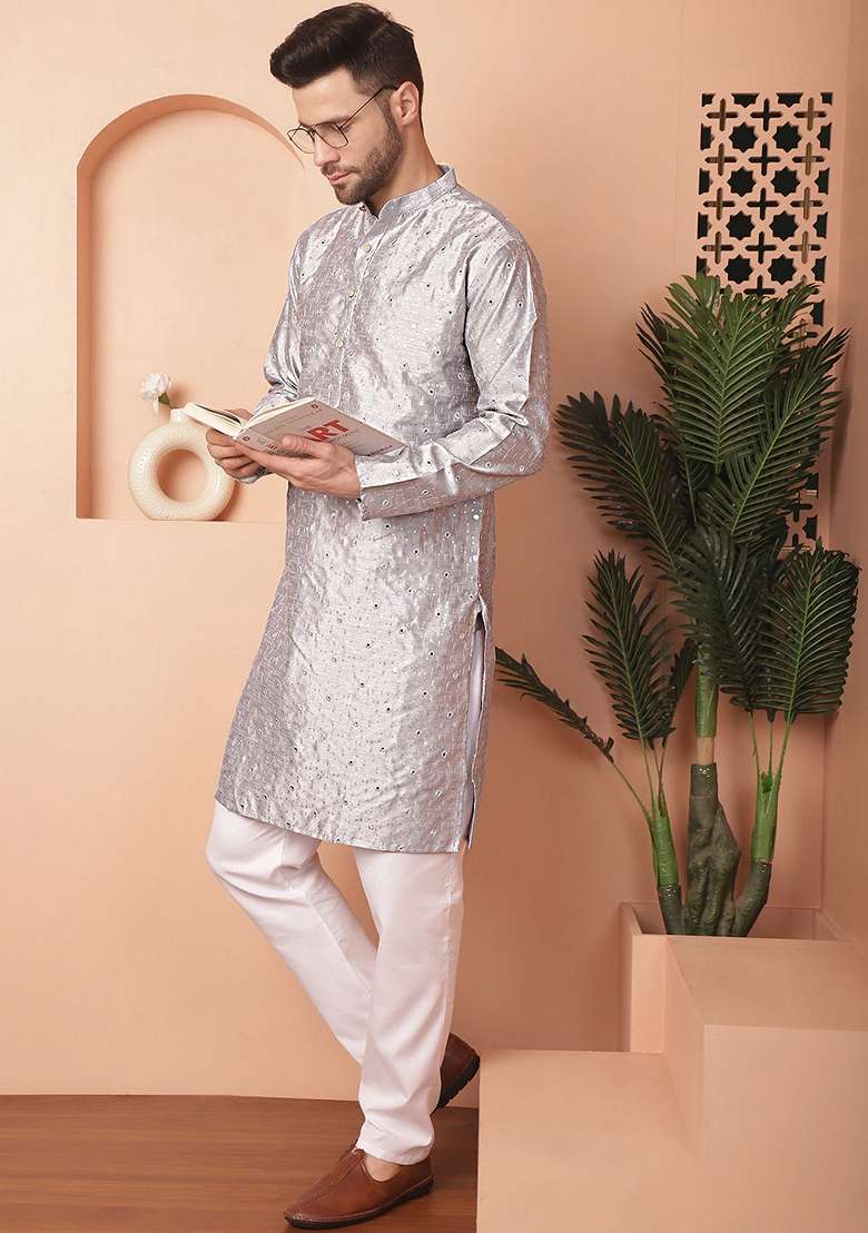 Grey Embroidered Silk Blend Kurta For Men - Indya