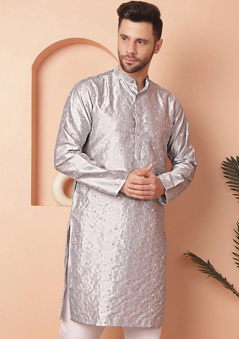 Grey Embroidered Silk Blend Kurta For Men - Indya