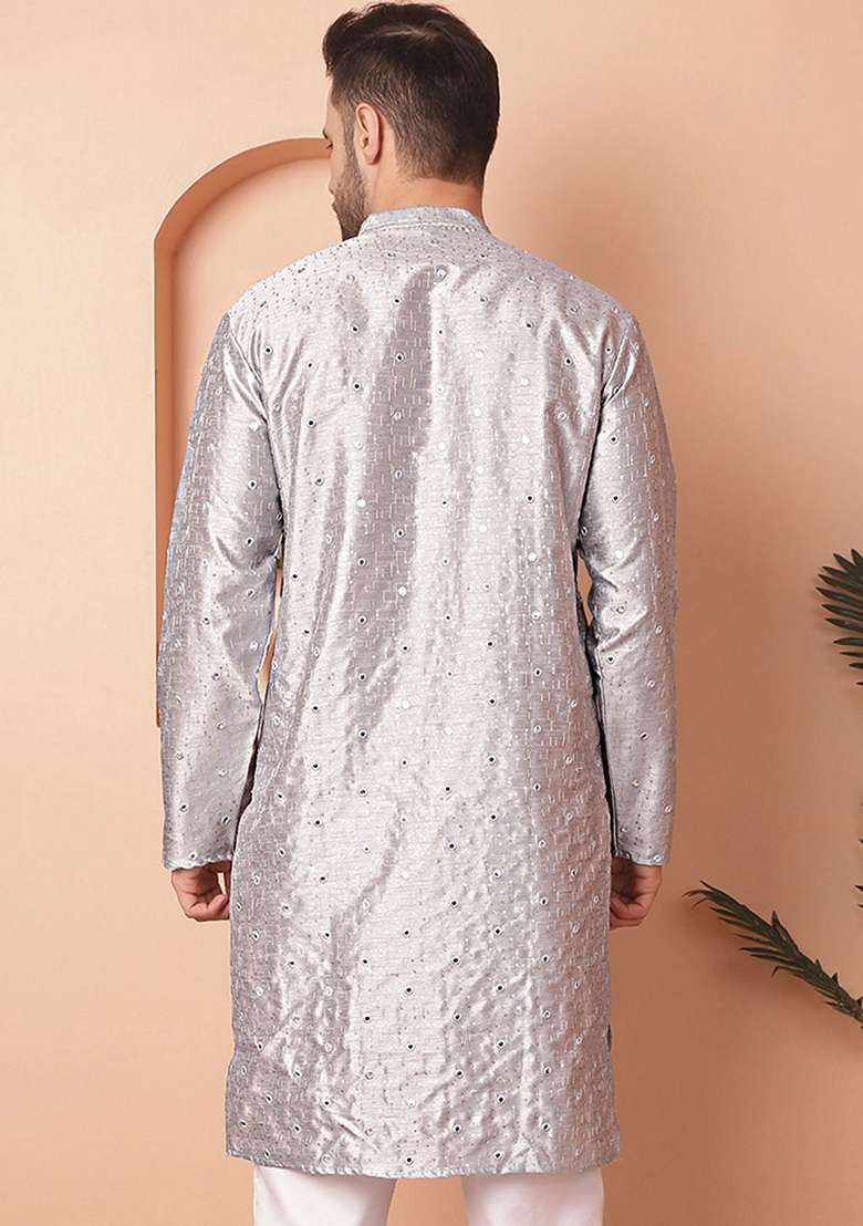 Grey Embroidered Silk Blend Kurta For Men - Indya
