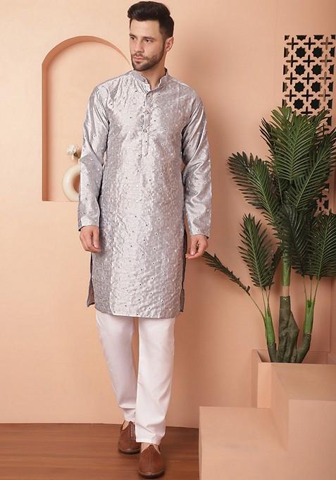 Grey Embroidered Silk Blend Kurta For Men