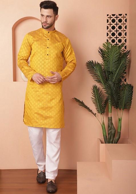 Mustard Woven Design Silk Blend Kurta For Men