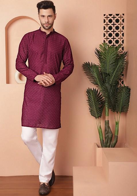 Purple Embroidered Cotton Kurta For Men